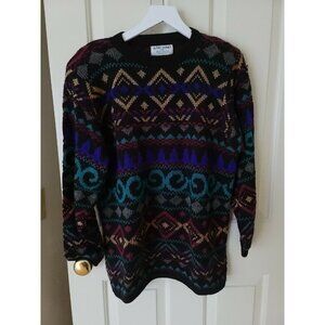 Alfred Dunner Black Sweater M Made in the USA 90s Geometric Print Knit Soft Pads